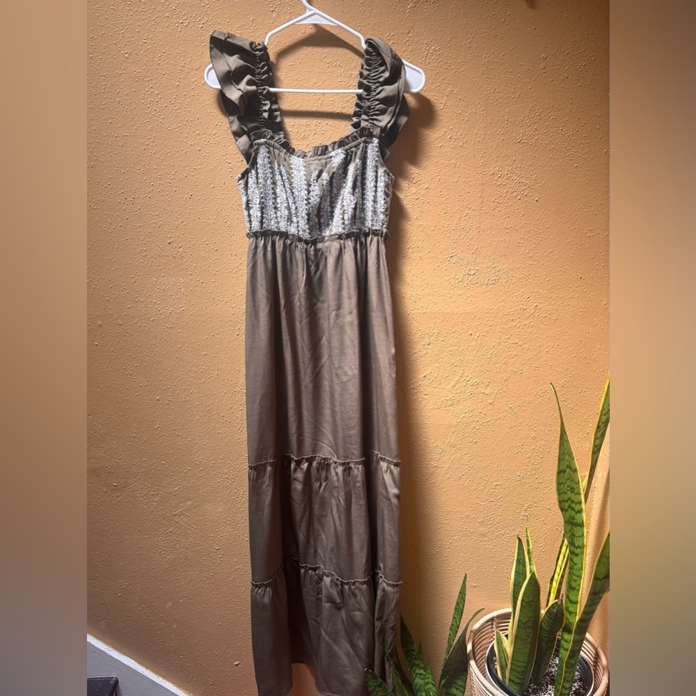 Boho Embroidered Ruffle Strap Tiered Maxi Dress Olive Brown Smocked Back Women